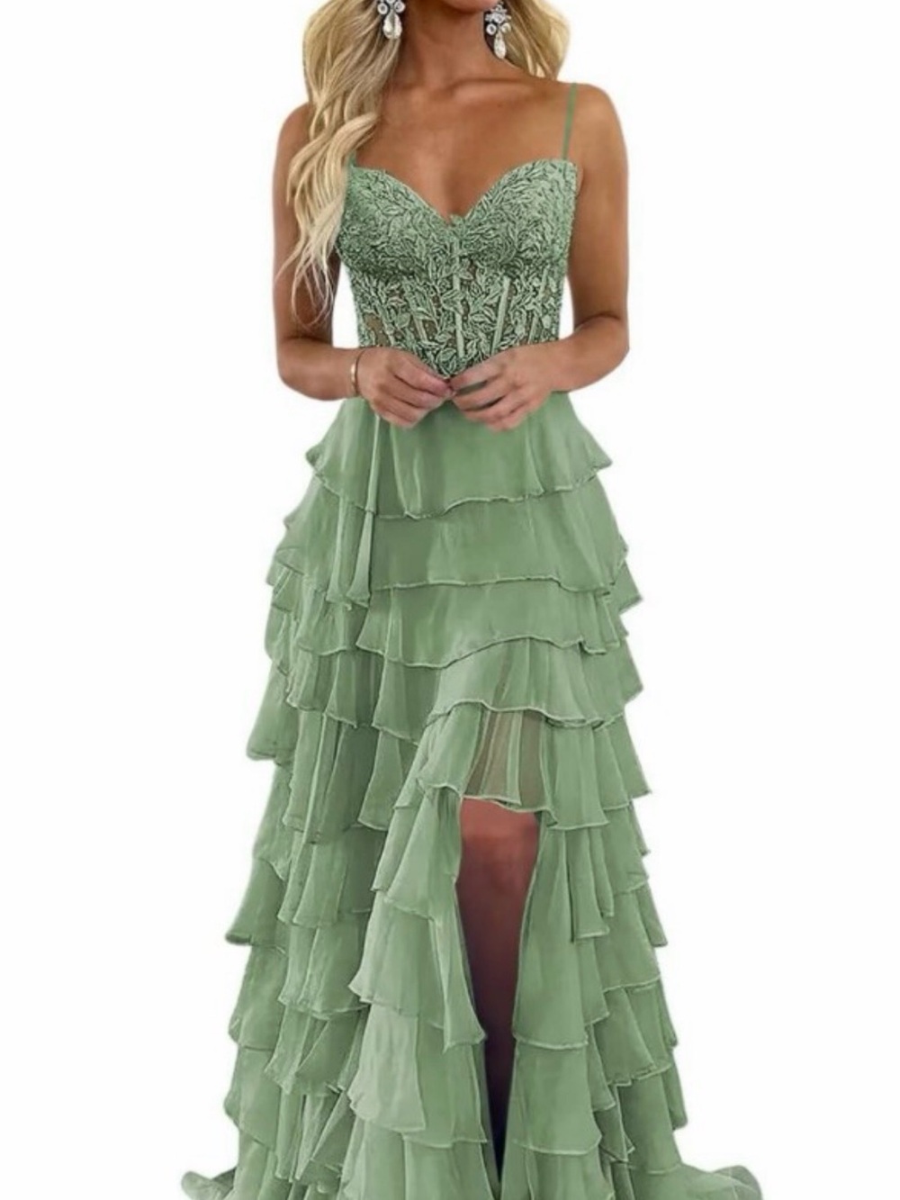 Amazon Sage Green Lace Bodice Ruffled Prom Dress